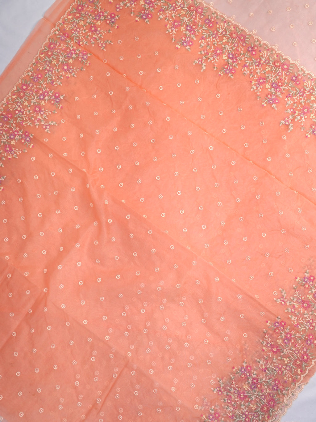 SOFT ORGANZA SILK EMBROIDERED SAREE – PEACH CORAL