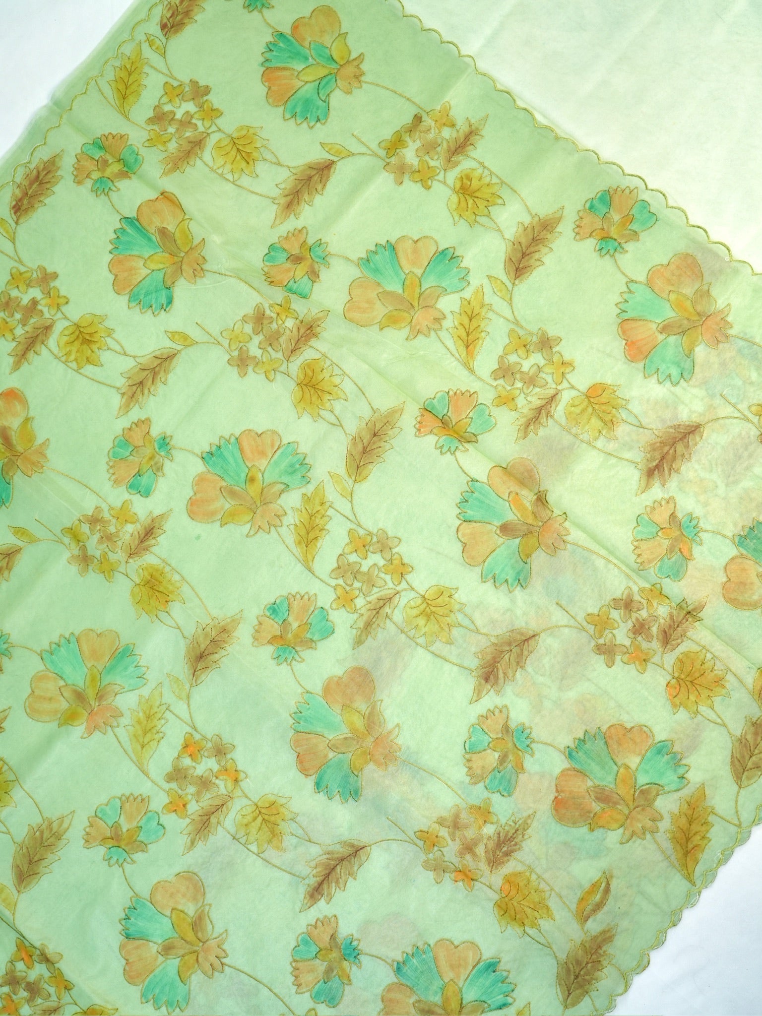 Soft Organza Silk Handbrush Embroidered Saree - Mint Green / Pastel Green