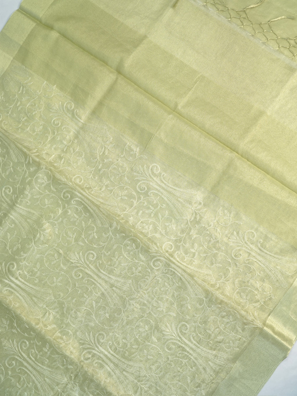 Soft Tissue Silk Embroidered Saree – Pastel Lime Green