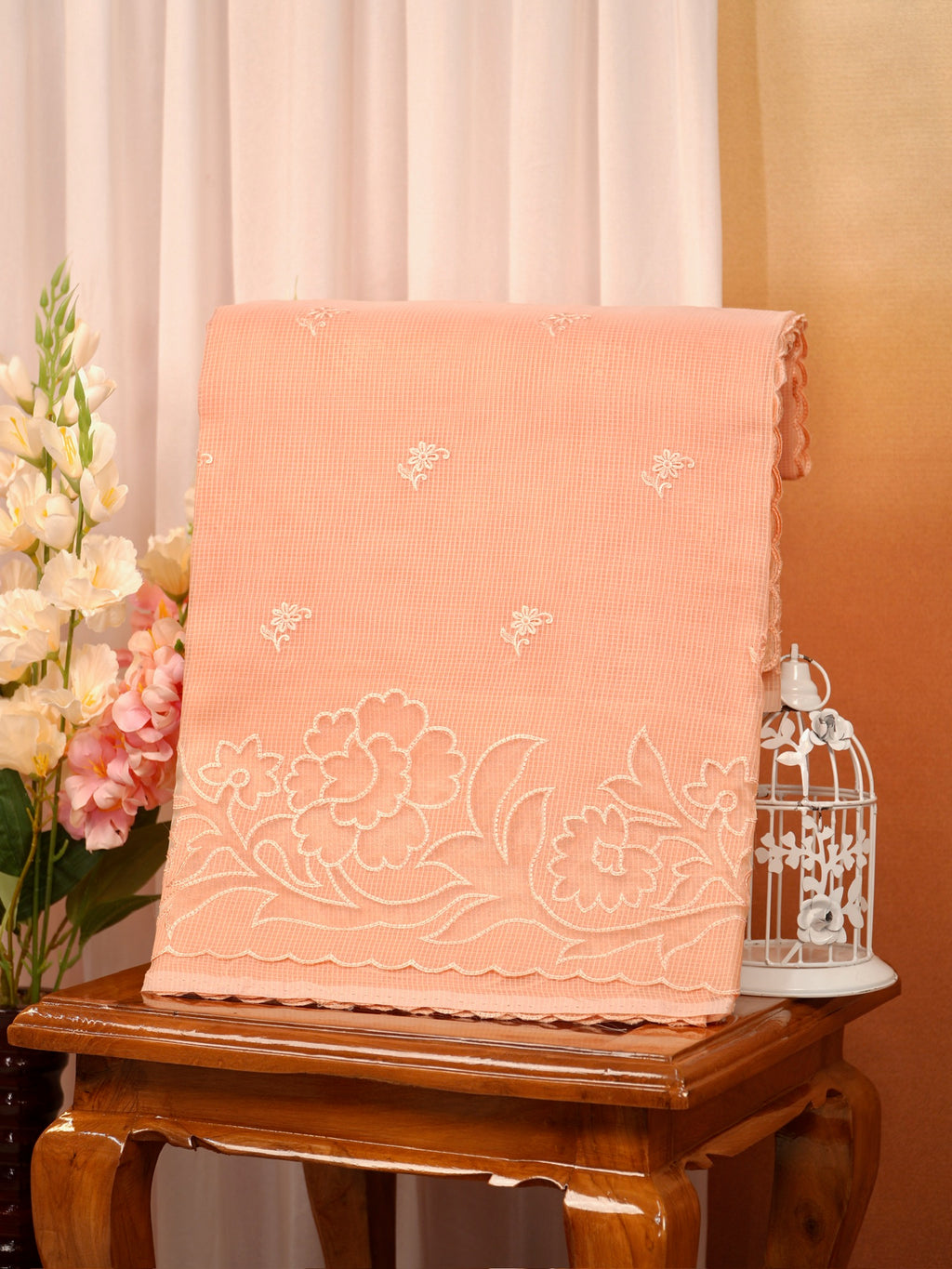 Soft Kota Silk Embroidered Saree – Peach