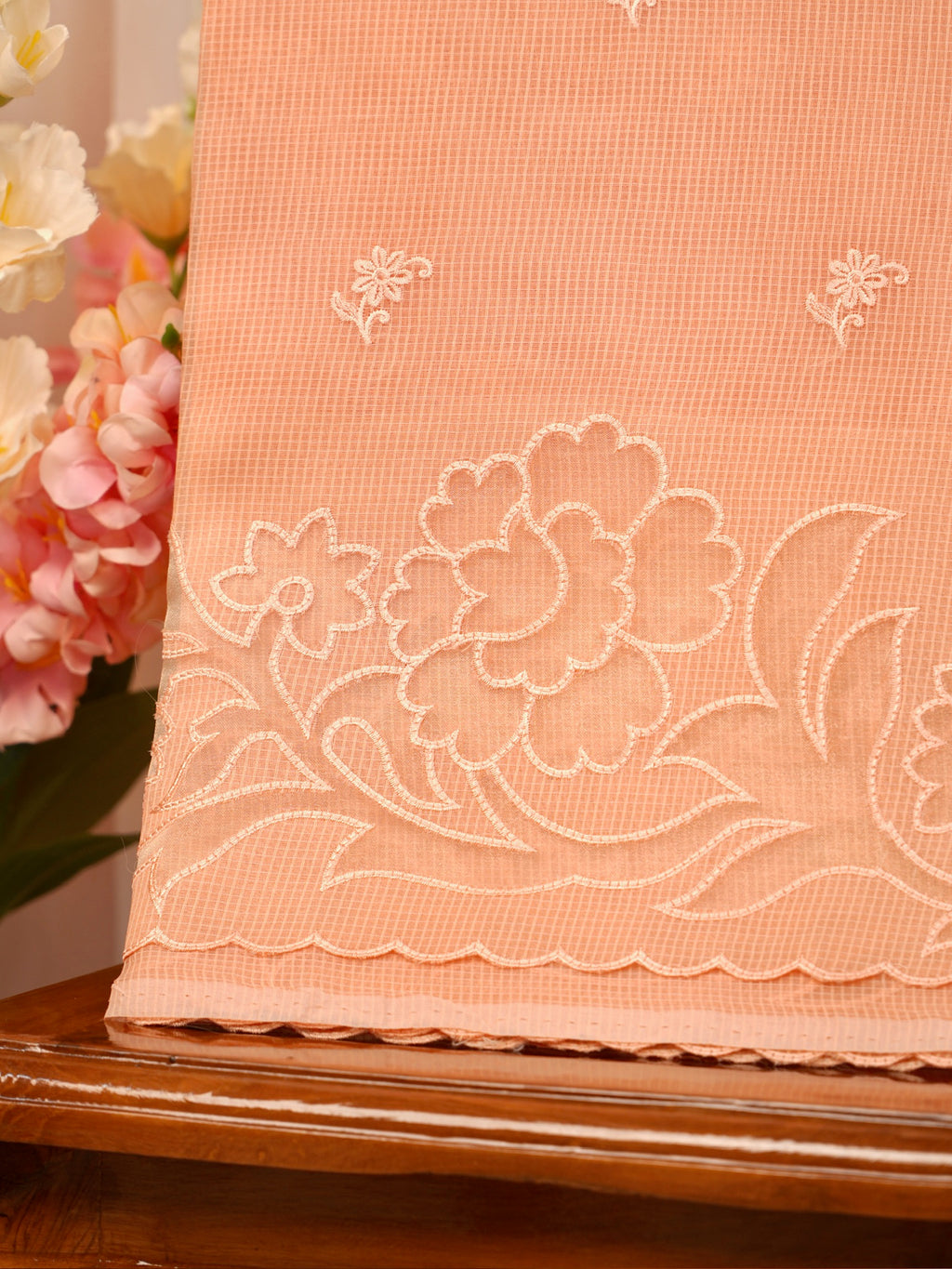 Soft Kota Silk Embroidered Saree – Peach