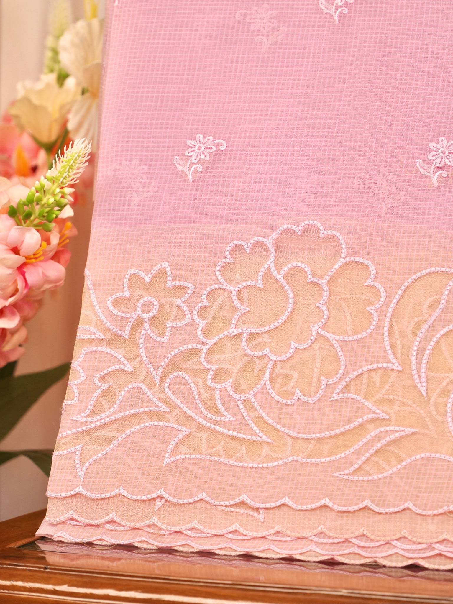 Soft Kota Silk Embroidered Saree – Baby Pink