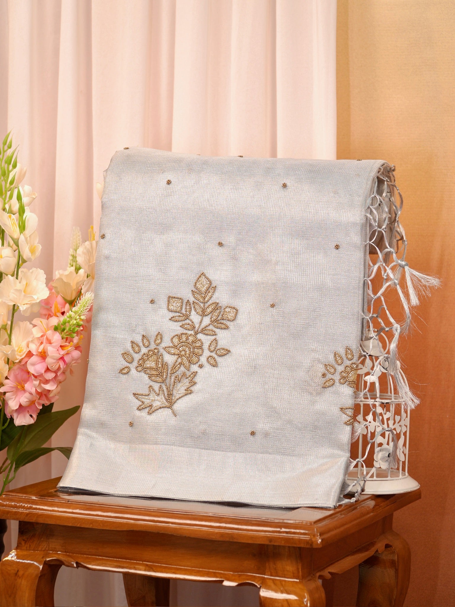 Soft Ice Blue / Silver-Grey Tissue Silk Saree with Zardozi Handwork