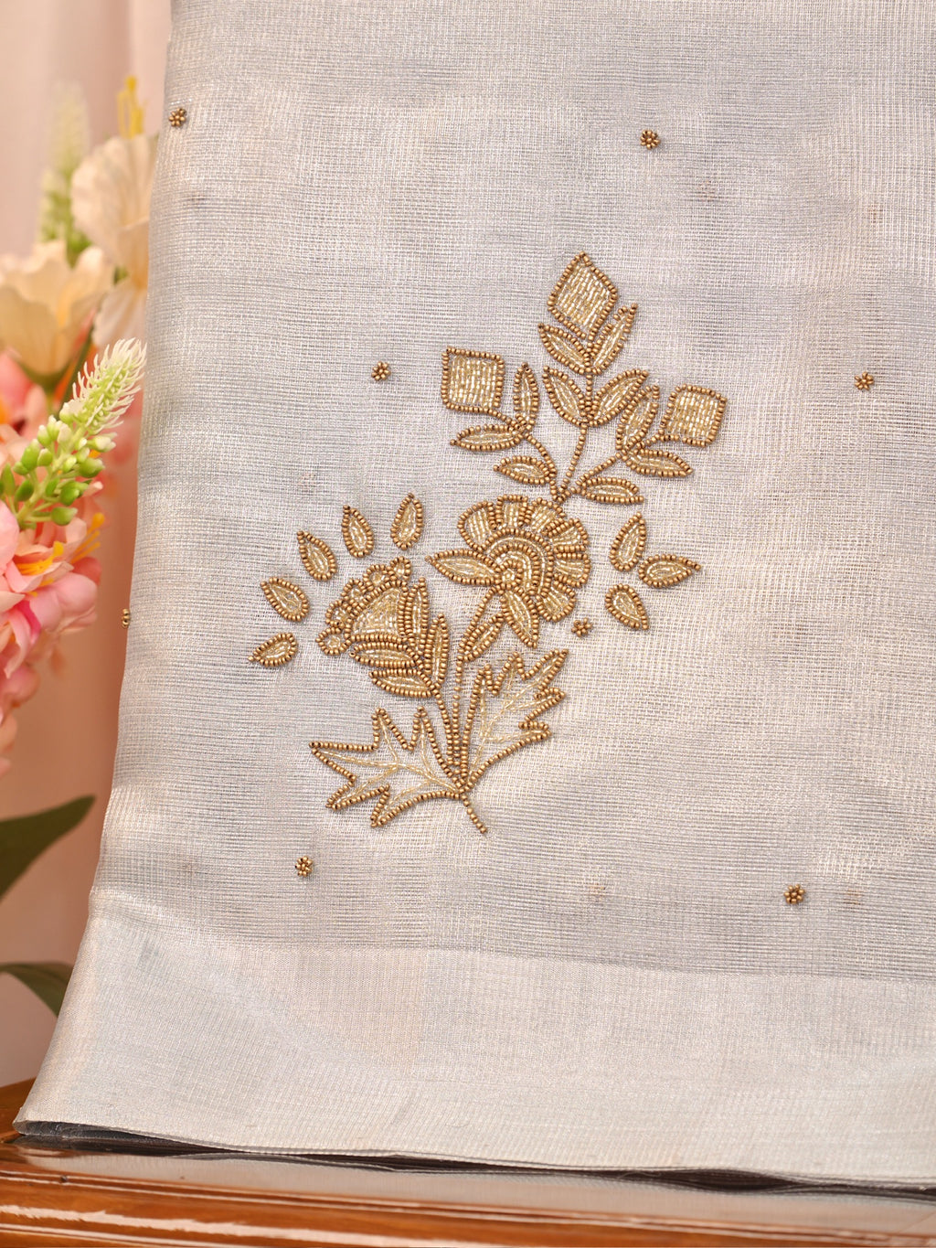 Soft Ice Blue / Silver-Grey Tissue Silk Saree with Zardozi Handwork