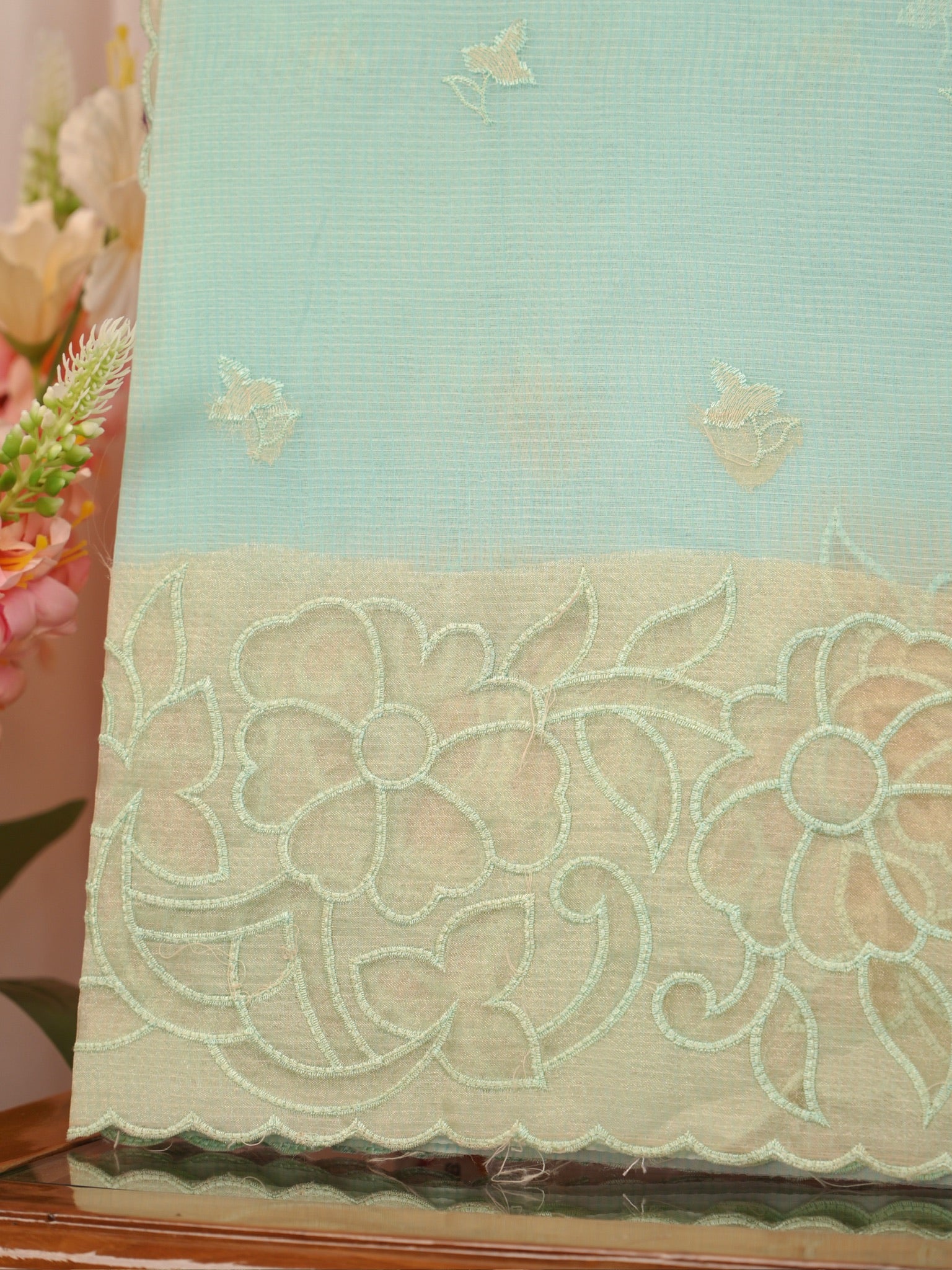 Soft Kota Silk Embroidered Saree – Mint Green