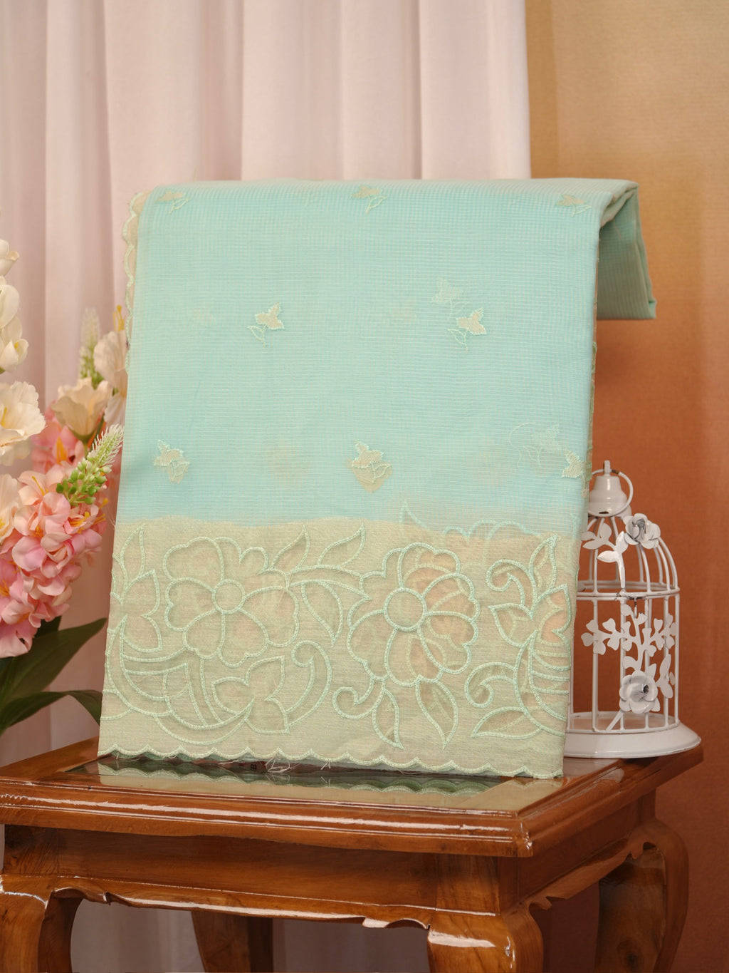 Soft Kota Silk Embroidered Saree – Mint Green