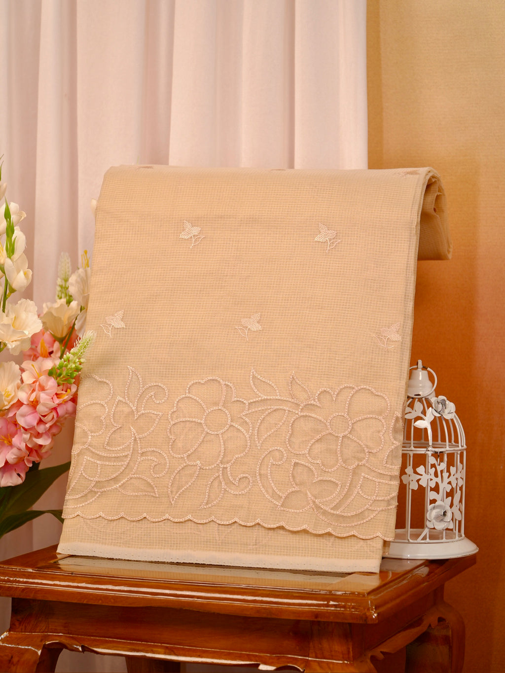 Soft Kota Silk Embroidered Saree – Beige
