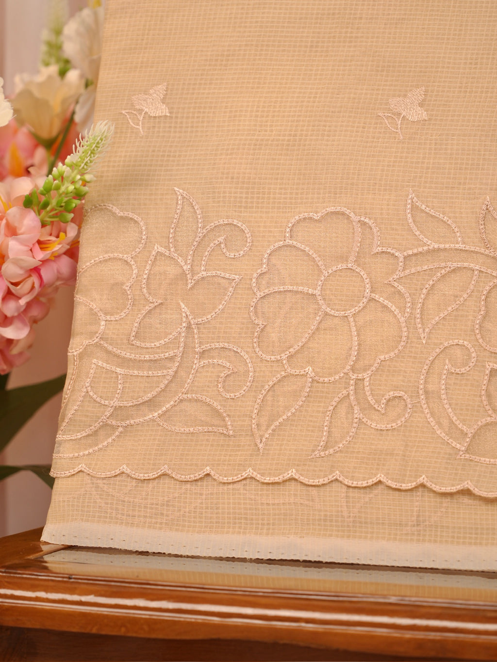 Soft Kota Silk Embroidered Saree – Beige