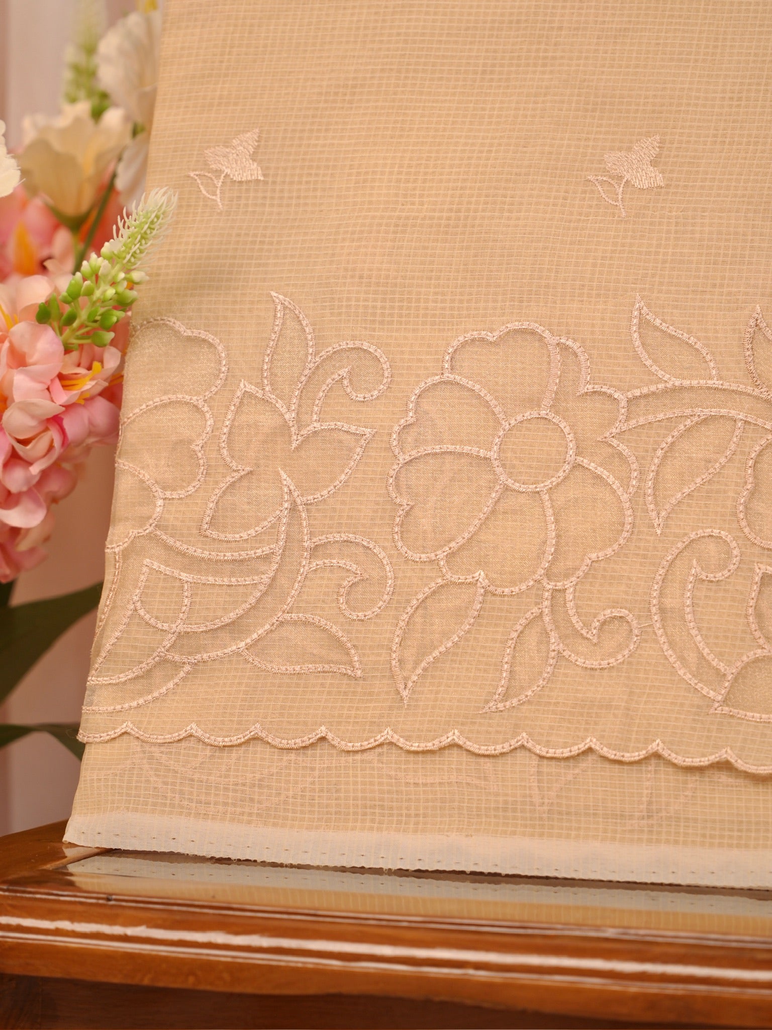 Soft Kota Silk Embroidered Saree – Beige