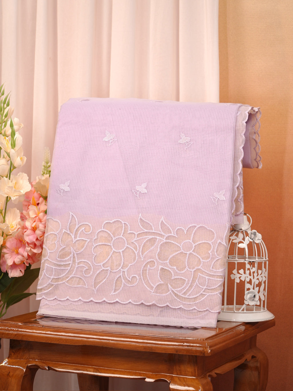 Soft Kota Silk Embroidered Saree – Pastel Lavender