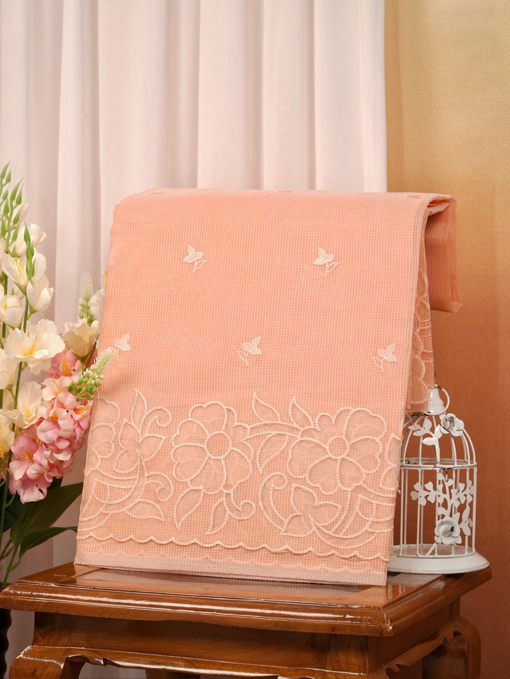 Kota Silk Saree with Cutwork Embroidery-Peach