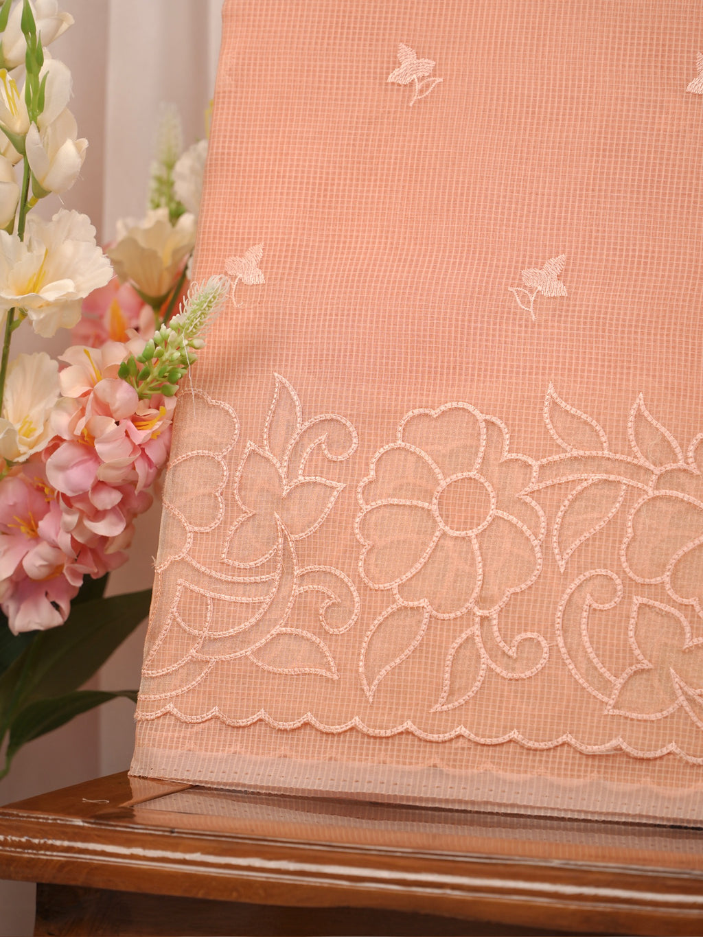 Kota Silk Saree with Cutwork Embroidery-Peach