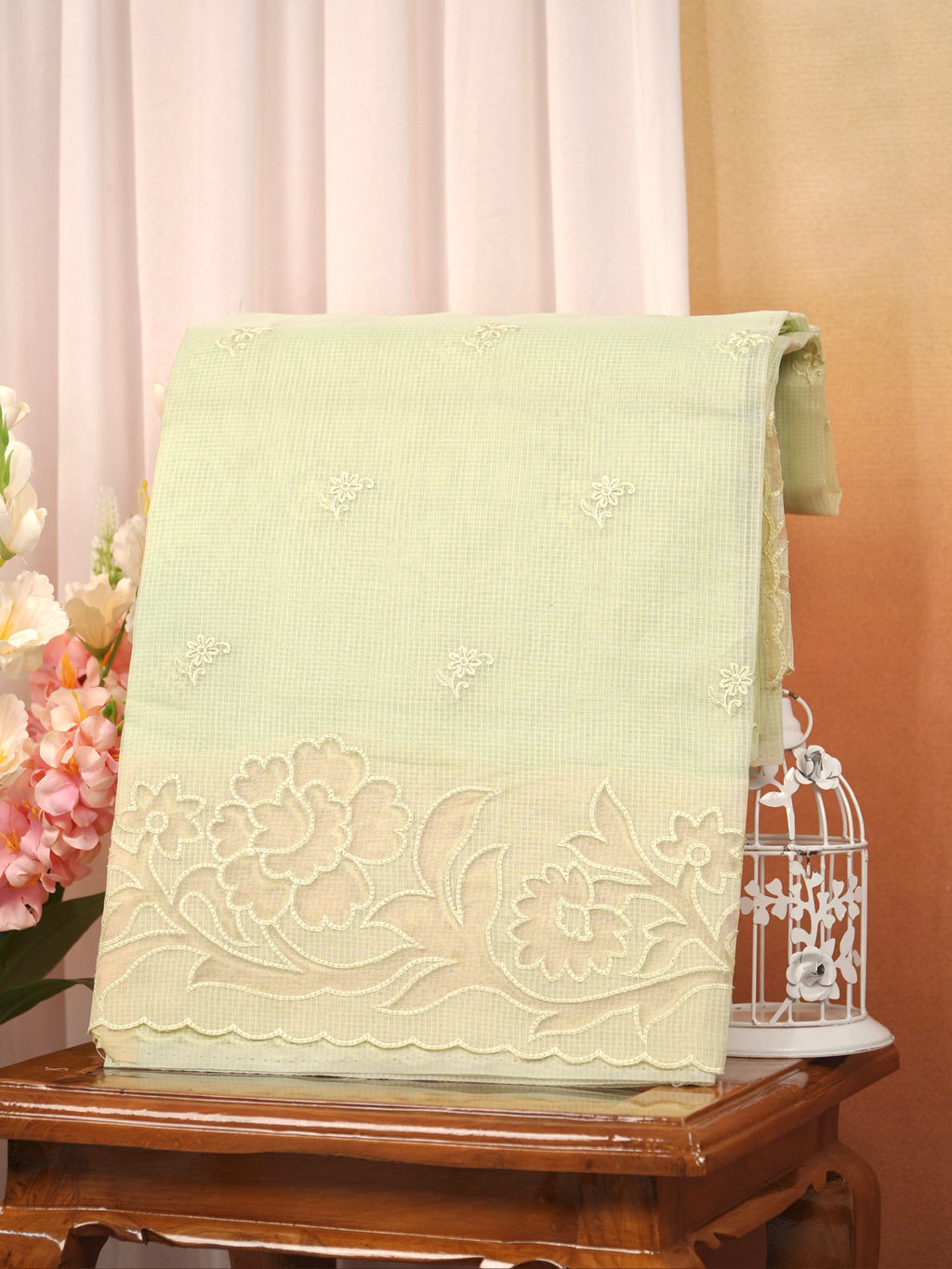 Pista Green Kota Silk Embroidery Saree