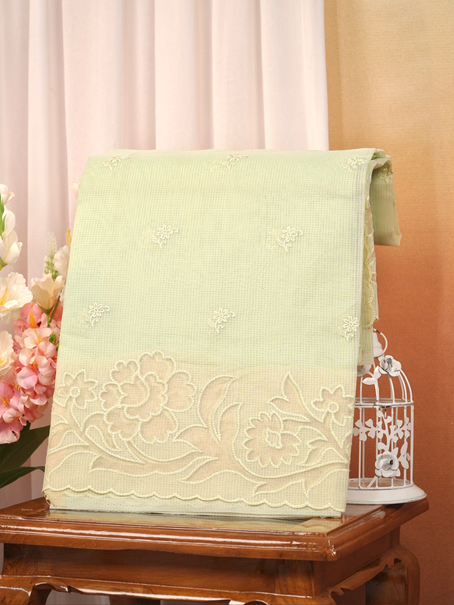 Pista Green Kota Silk Embroidery Saree