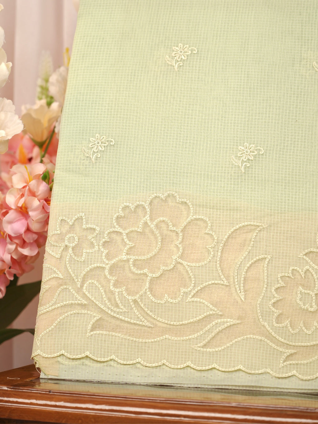 Pista Green Kota Silk Embroidery Saree