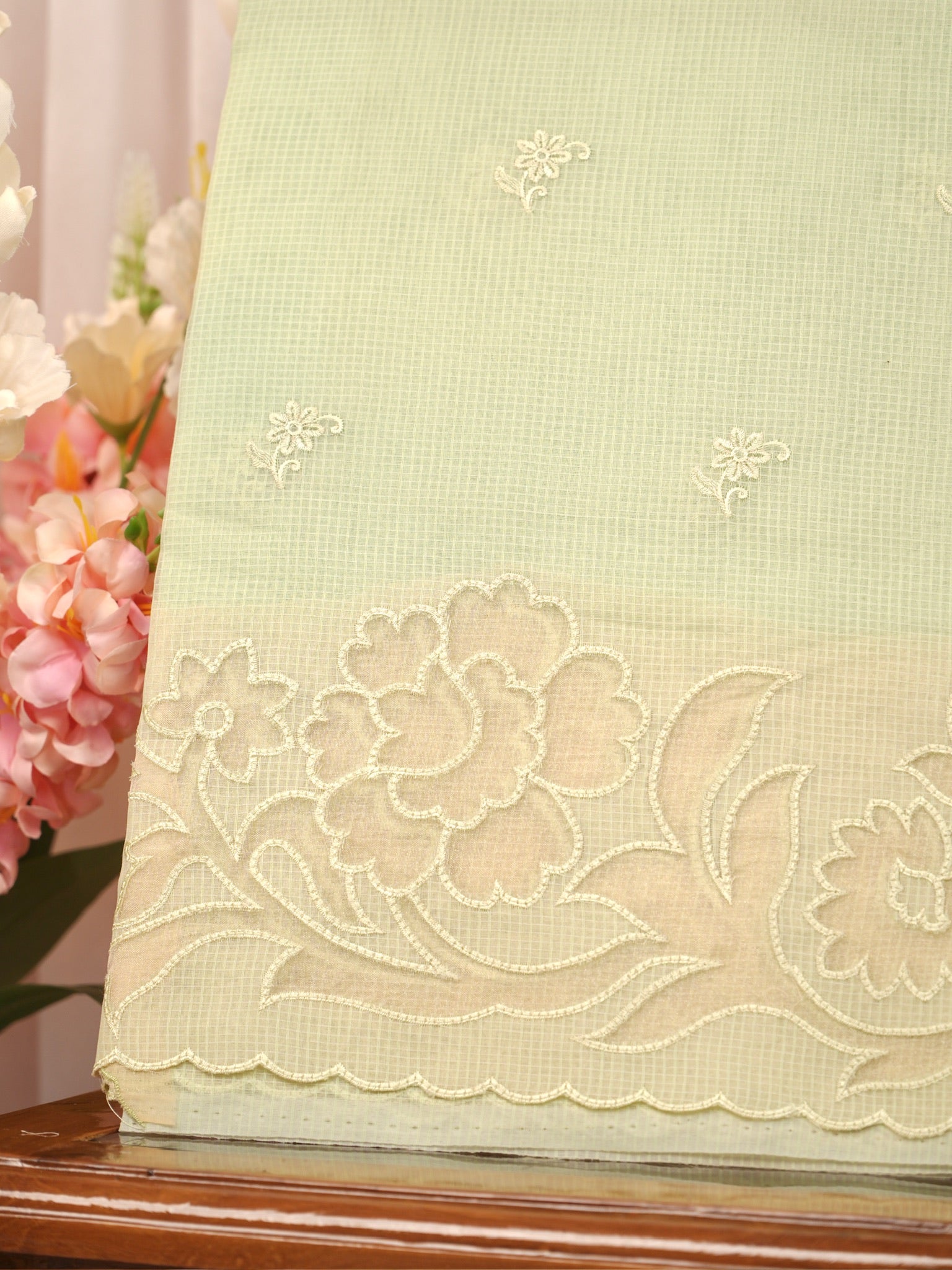 Pista Green Kota Silk Embroidery Saree