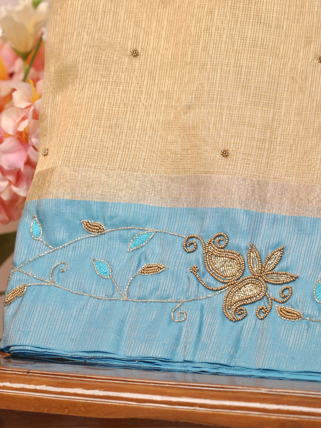 Soft Champagne Gold & Sky Blue Contrast Tissue Silk Saree with Zardozi Handwork