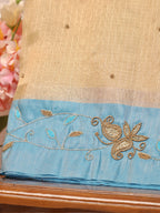Soft Champagne Gold & Sky Blue Contrast Tissue Silk Saree with Zardozi Handwork