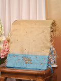 Soft Champagne Gold & Sky Blue Contrast Tissue Silk Saree with Zardozi Handwork