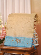 Soft Champagne Gold & Sky Blue Contrast Tissue Silk Saree with Zardozi Handwork