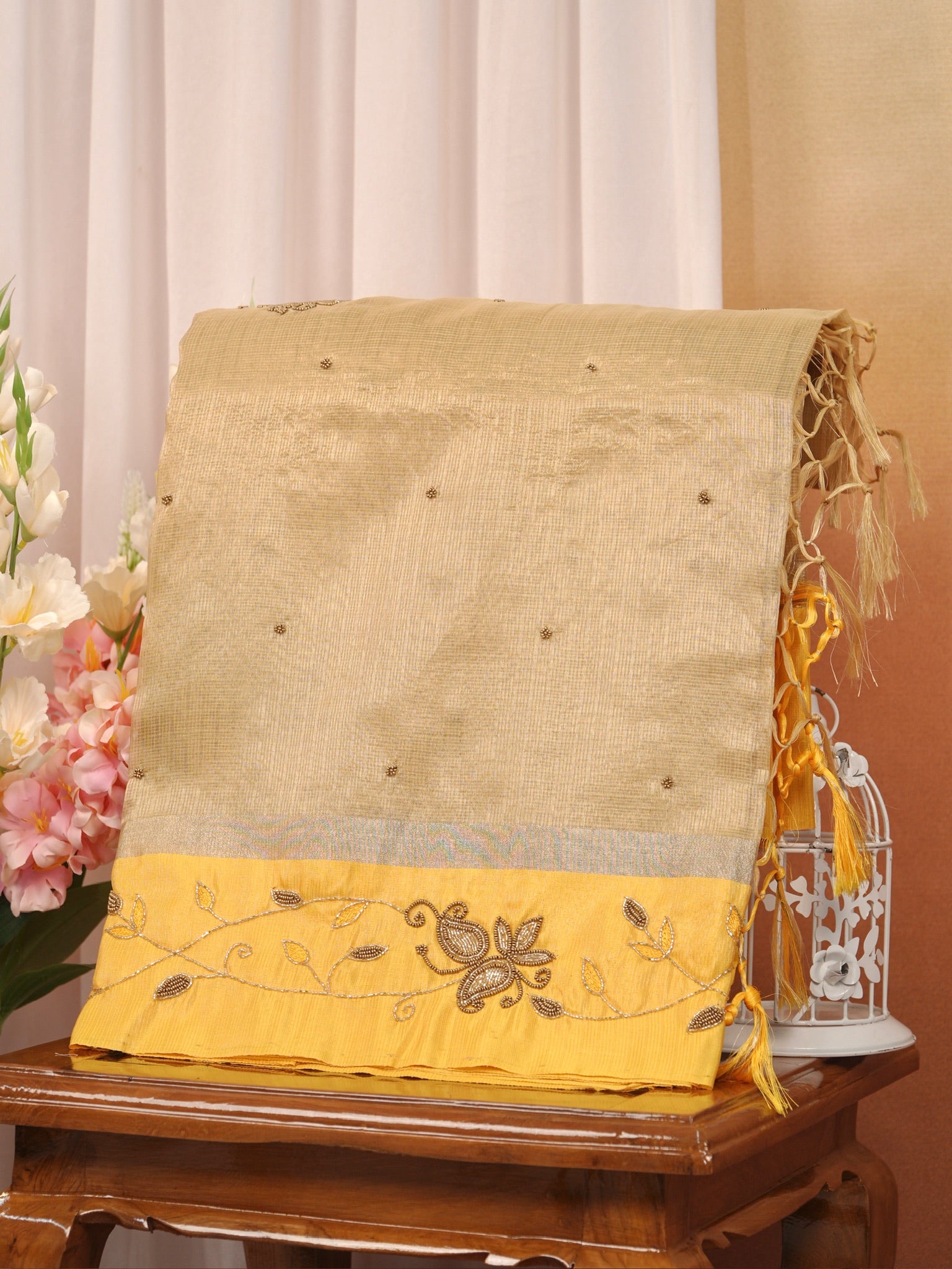 Champagne Gold & Mustard Yellow Contrast Tissue Silk Saree with Zardozi Handwork