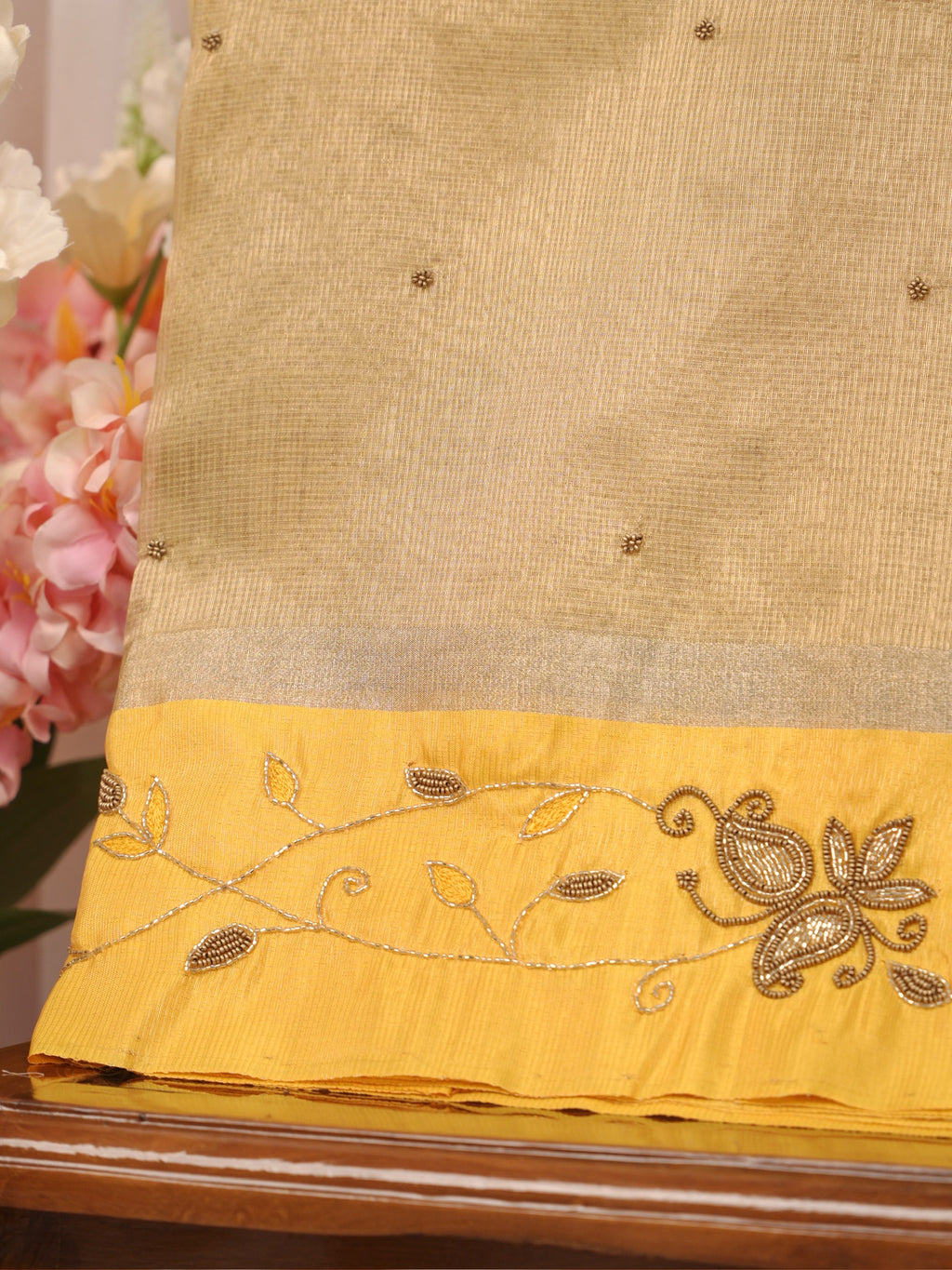 Champagne Gold & Mustard Yellow Contrast Tissue Silk Saree with Zardozi Handwork