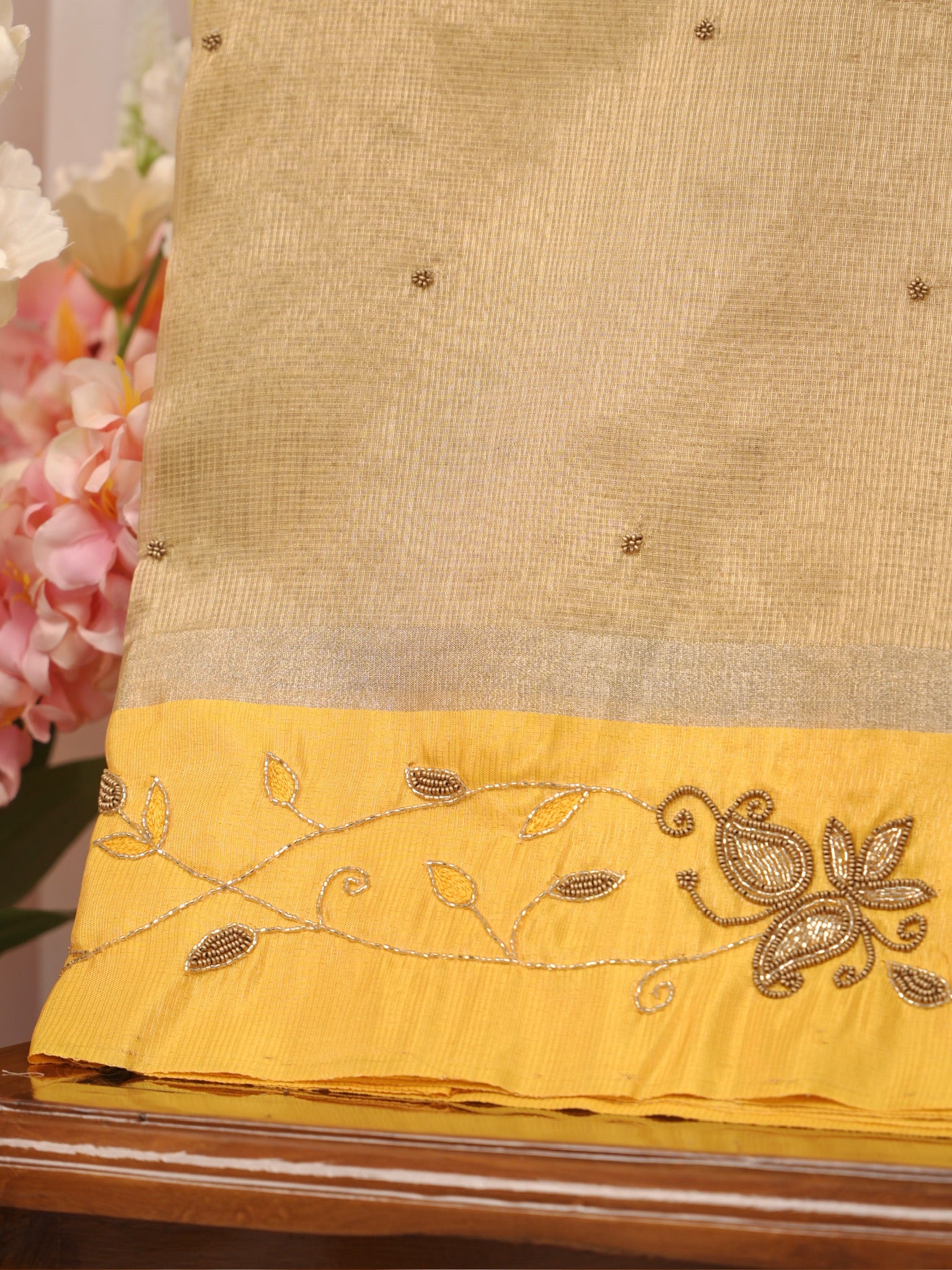 Champagne Gold & Mustard Yellow Contrast Tissue Silk Saree with Zardozi Handwork