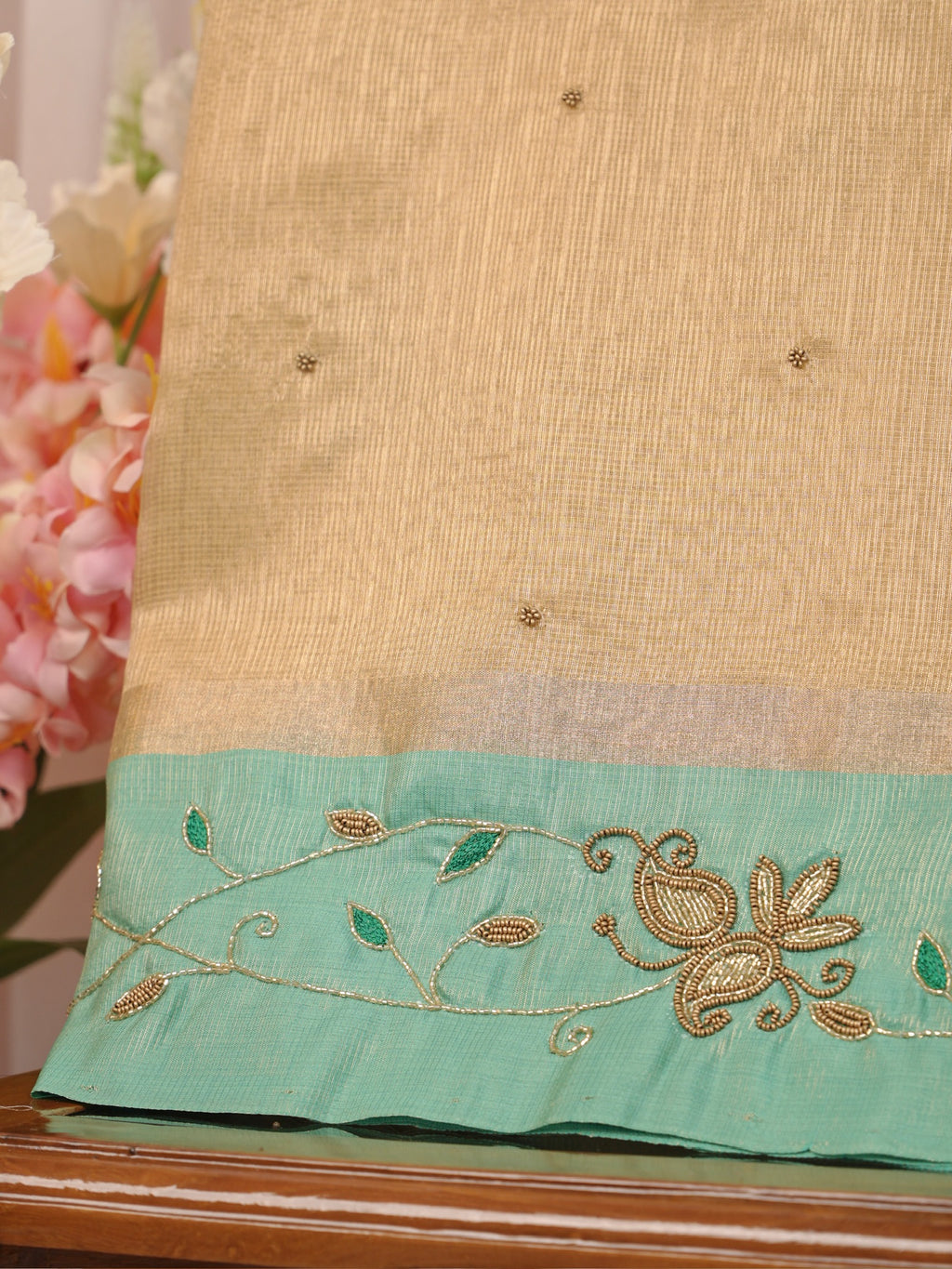 Soft Champagne Gold & Sea Green Contrast Tissue Silk Saree with Zardozi Handwork