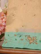 Soft Champagne Gold & Sea Green Contrast Tissue Silk Saree with Zardozi Handwork