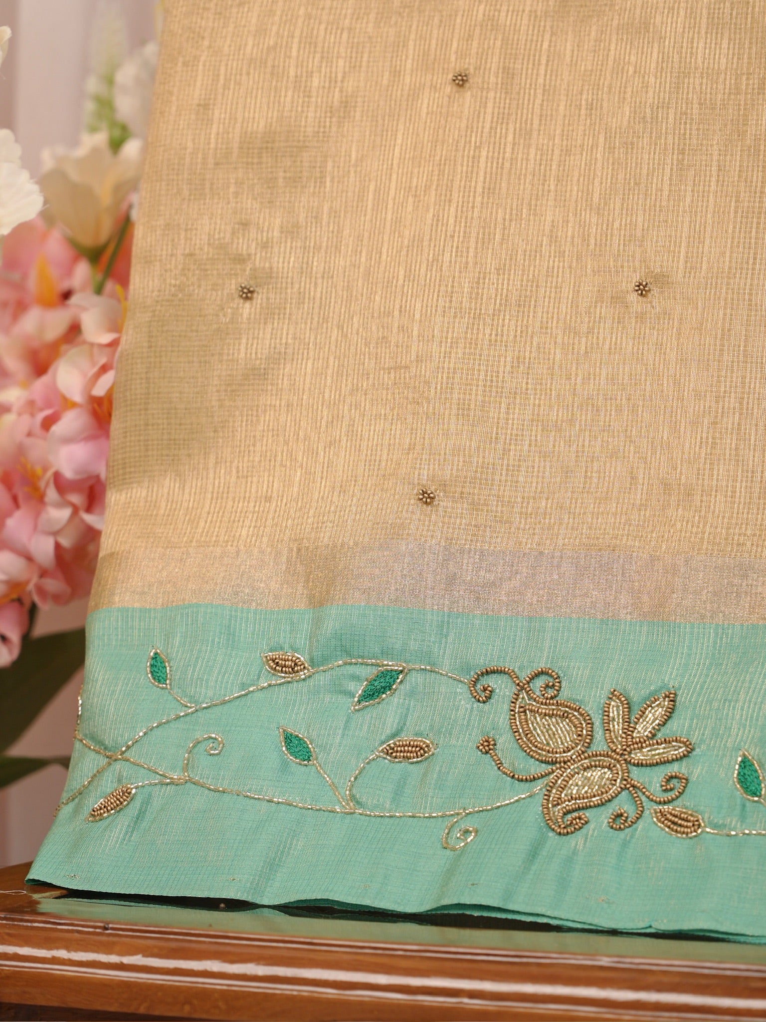 Soft Champagne Gold & Sea Green Contrast Tissue Silk Saree with Zardozi Handwork