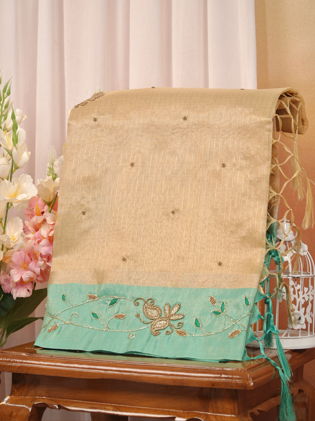 Soft Champagne Gold & Sea Green Contrast Tissue Silk Saree with Zardozi Handwork