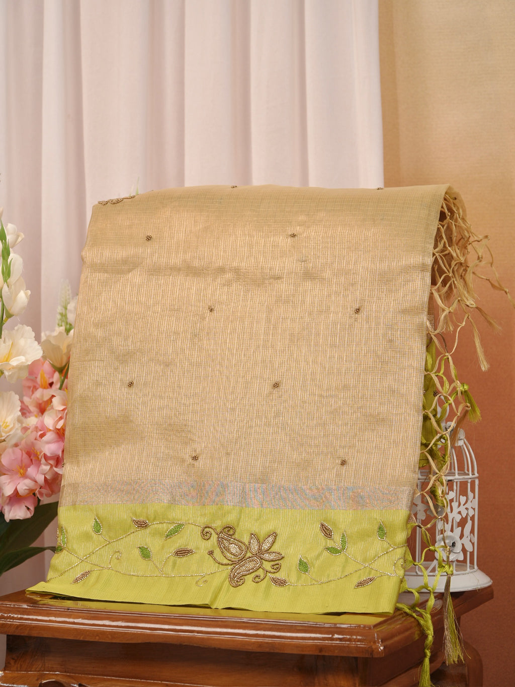 Soft Champagne Gold & Olive Green Contrast Tissue Silk Saree with Zardozi Handwork