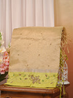 Soft Champagne Gold & Olive Green Contrast Tissue Silk Saree with Zardozi Handwork