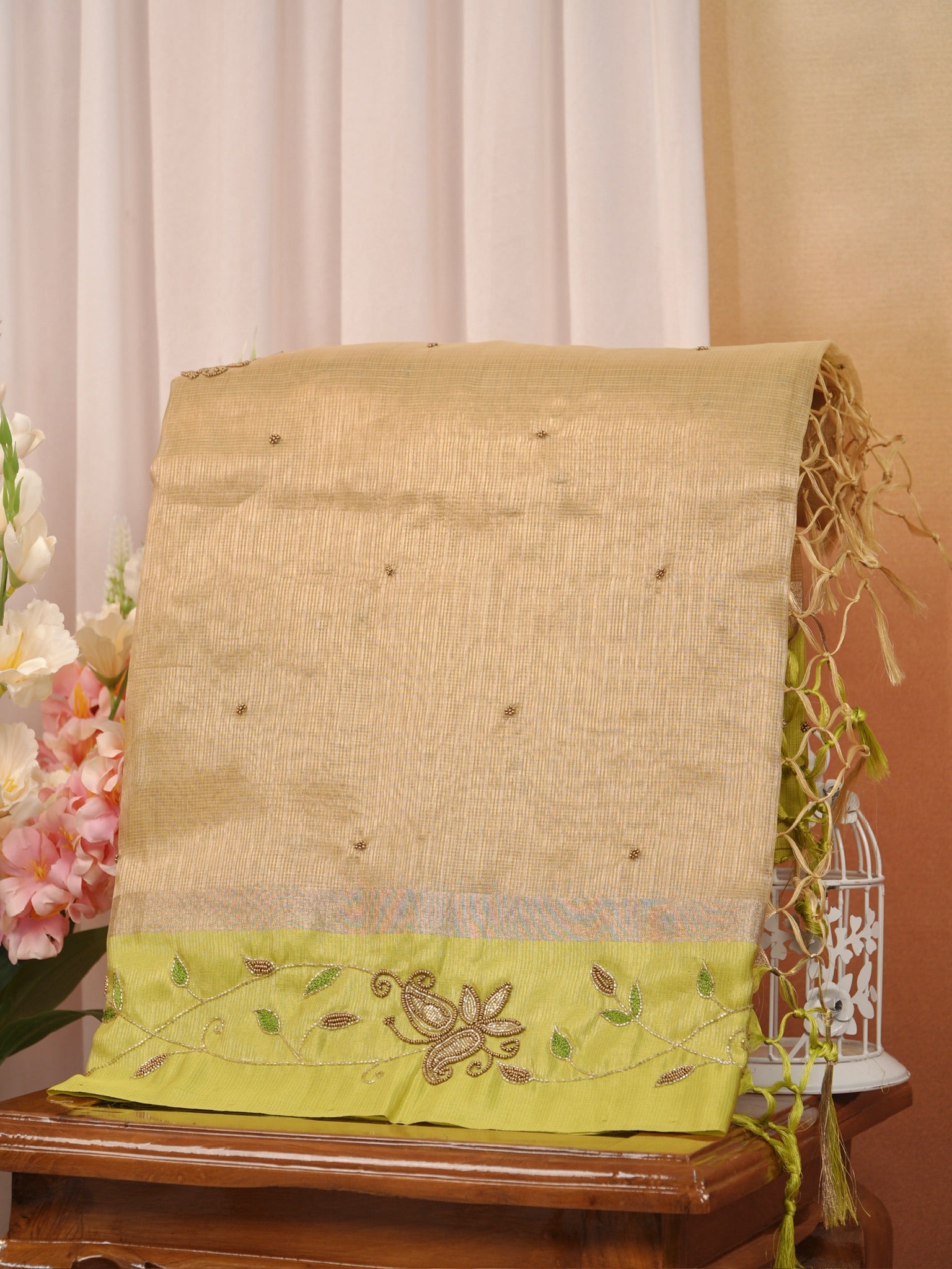Soft Champagne Gold & Olive Green Contrast Tissue Silk Saree with Zardozi Handwork