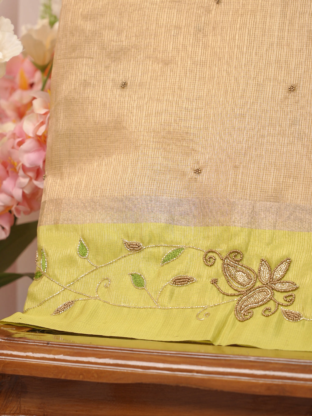 Soft Champagne Gold & Olive Green Contrast Tissue Silk Saree with Zardozi Handwork