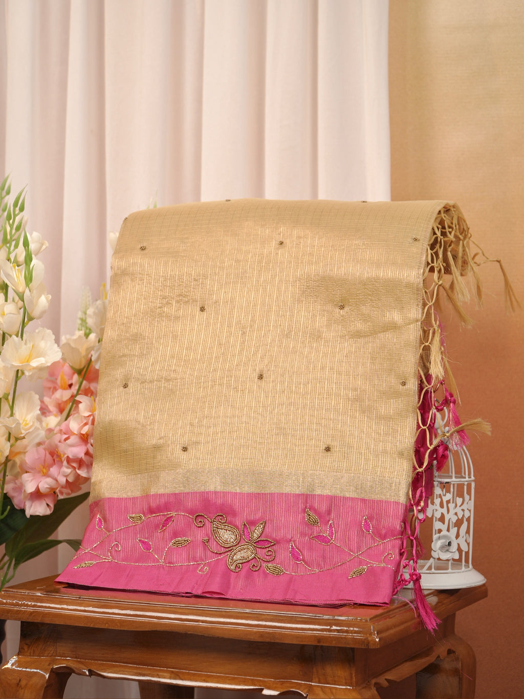 Soft Champagne Gold &  Rani Pink Contrast Tissue Silk Saree with Zardozi Handwork