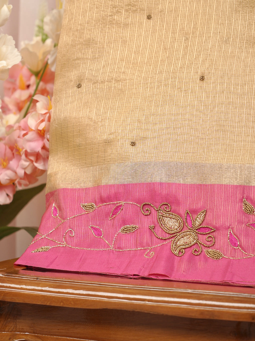 Soft Champagne Gold &  Rani Pink Contrast Tissue Silk Saree with Zardozi Handwork