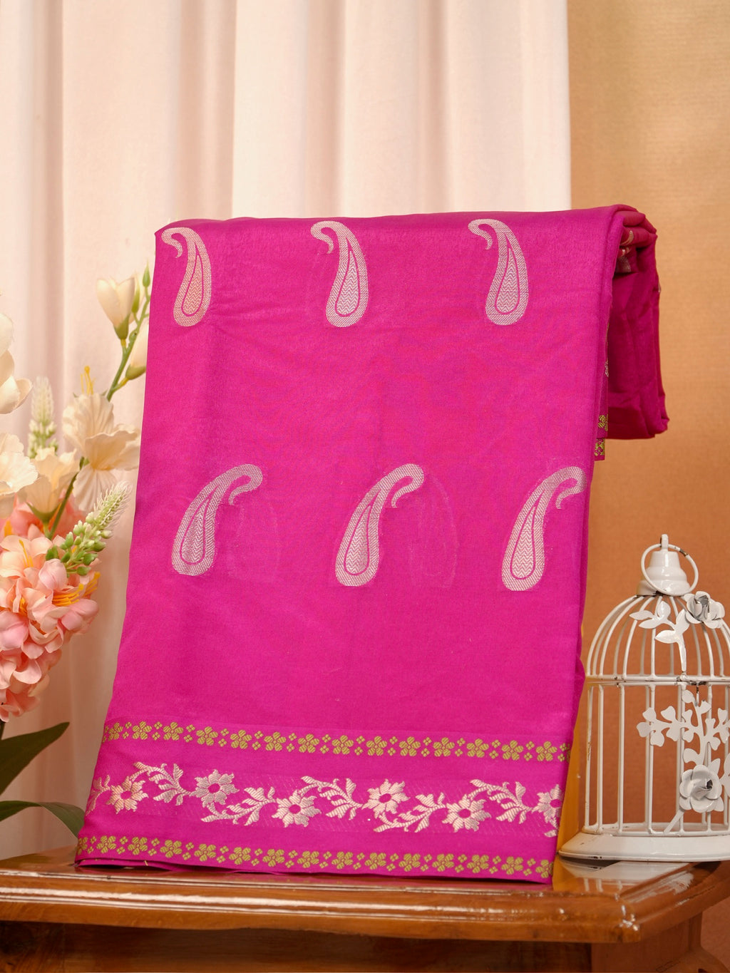 Rani Pink Semi Soft Silk Saree with Silver Zari Weave