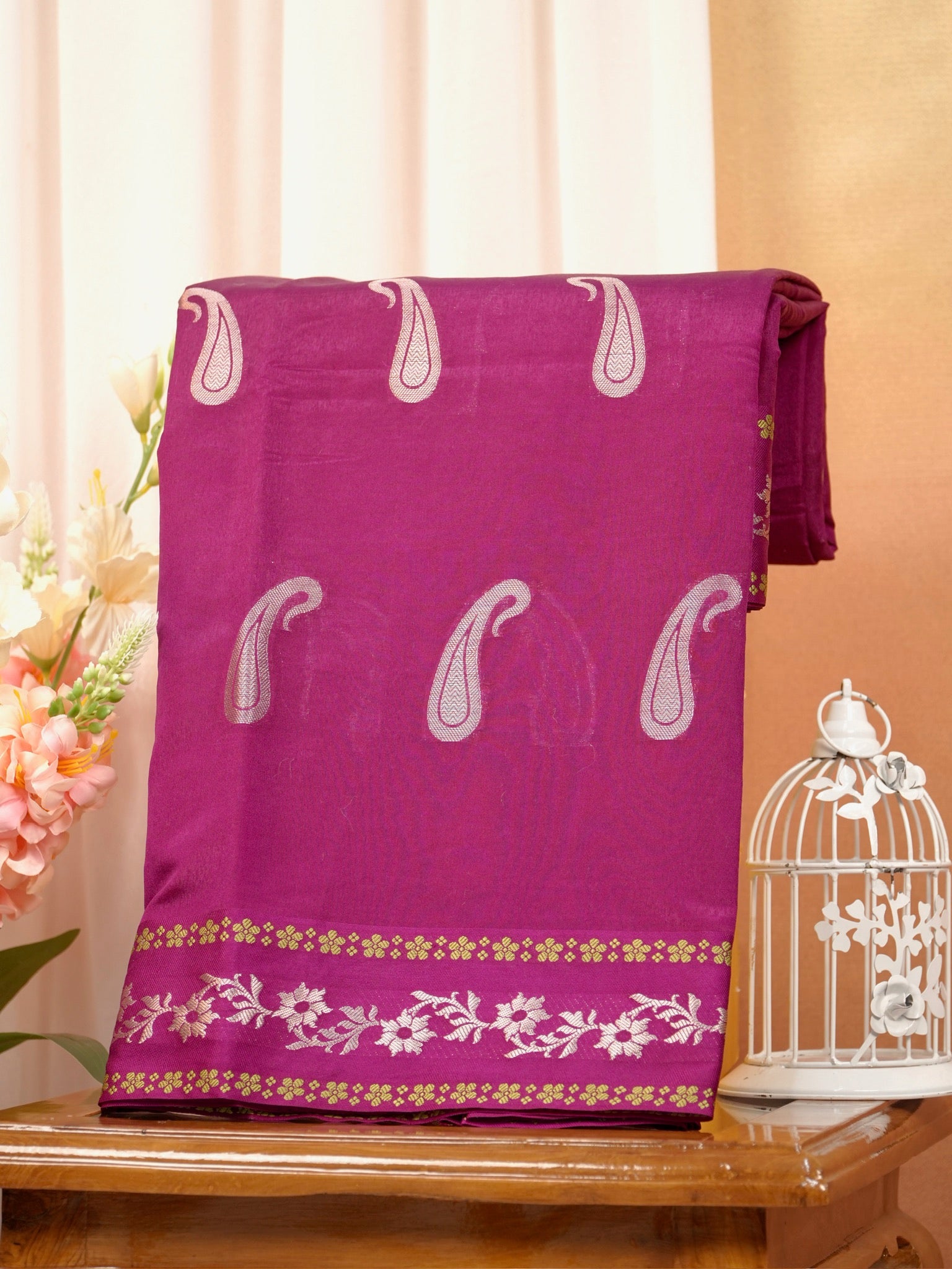 Magenta Purple Semi Soft Silk Saree with Silver Zari Weave