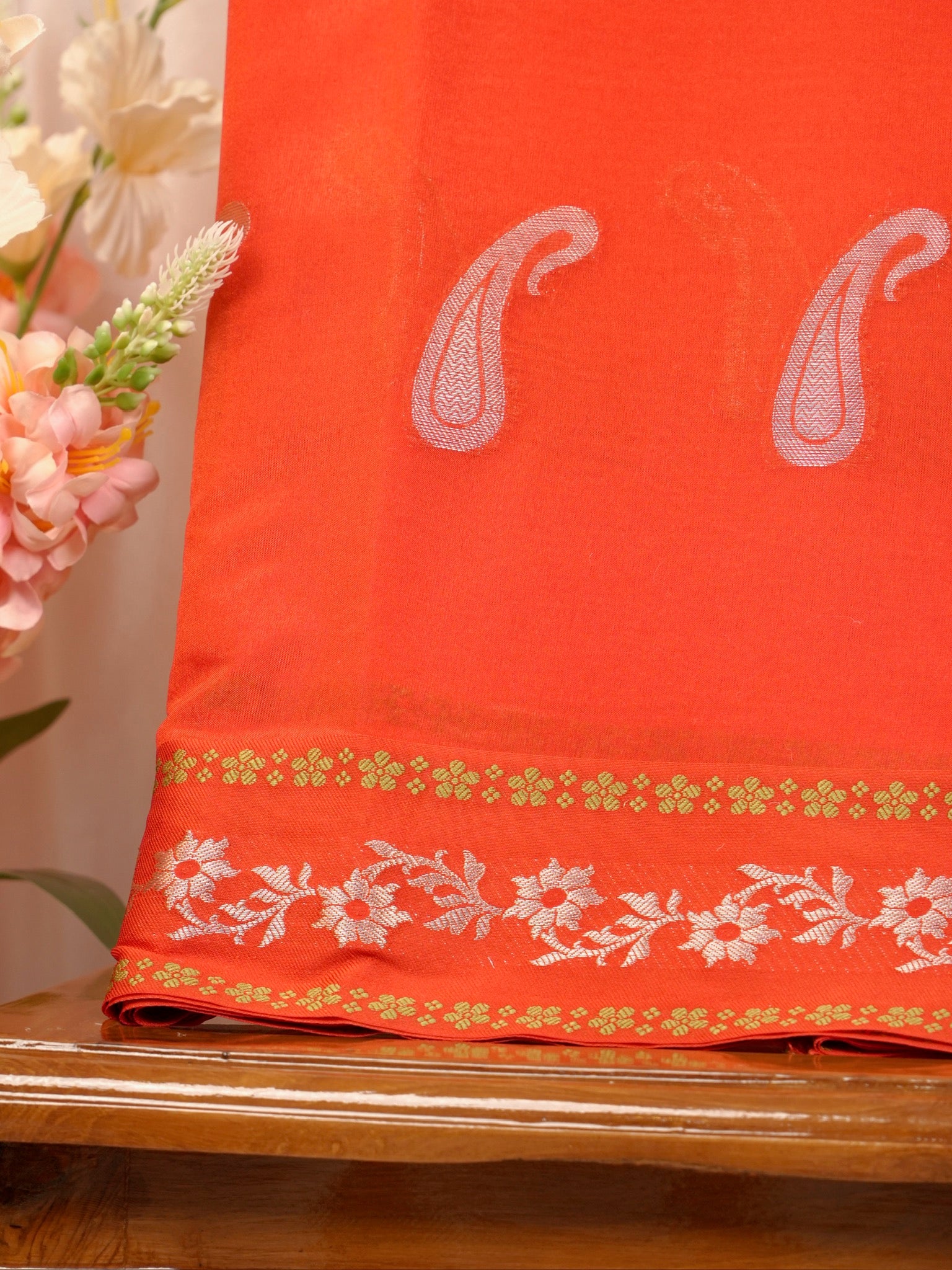 Orange Red Semi Soft Silk Saree with Silver Zari Weave