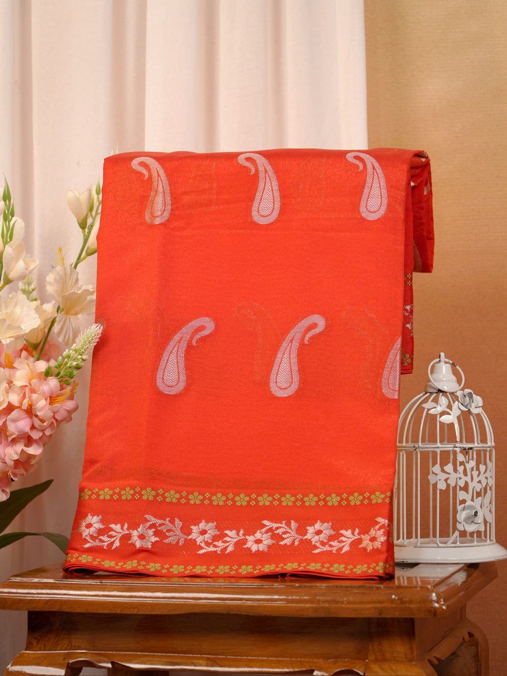 Orange Red Semi Soft Silk Saree with Silver Zari Weave