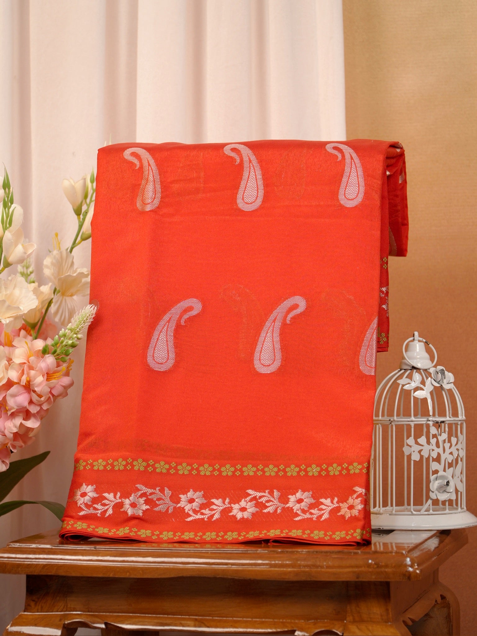 Orange Red Semi Soft Silk Saree with Silver Zari Weave