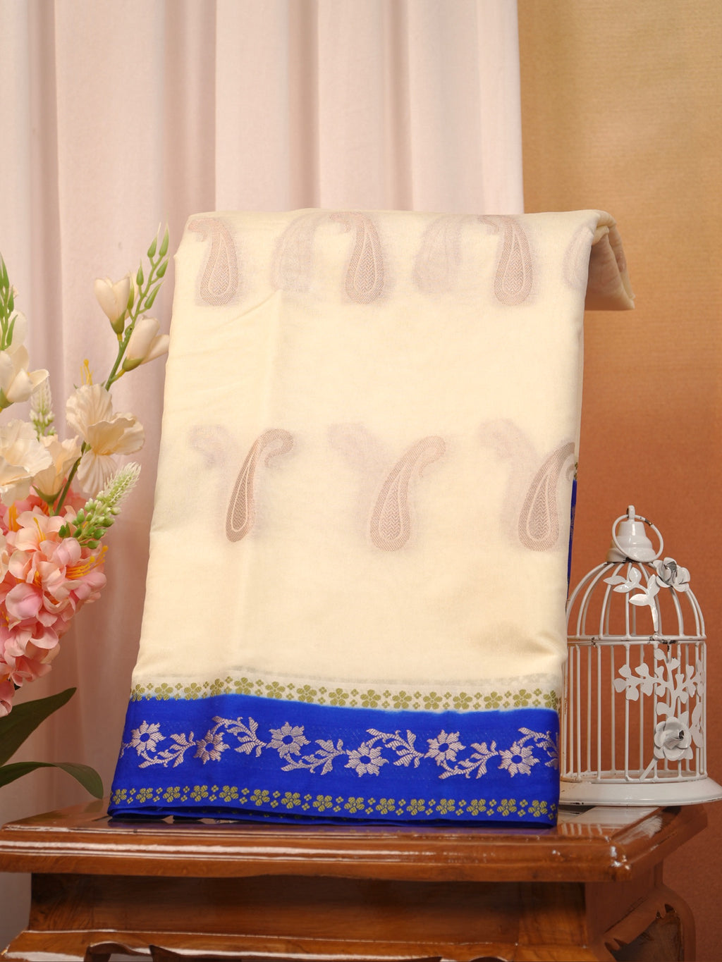 Cream & Royal Blue Contrast Banarasi Semi Soft Silk Saree