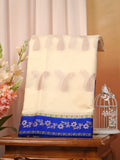 Cream & Royal Blue Contrast Banarasi Semi Soft Silk Saree