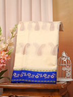 Cream & Royal Blue Contrast Banarasi Semi Soft Silk Saree