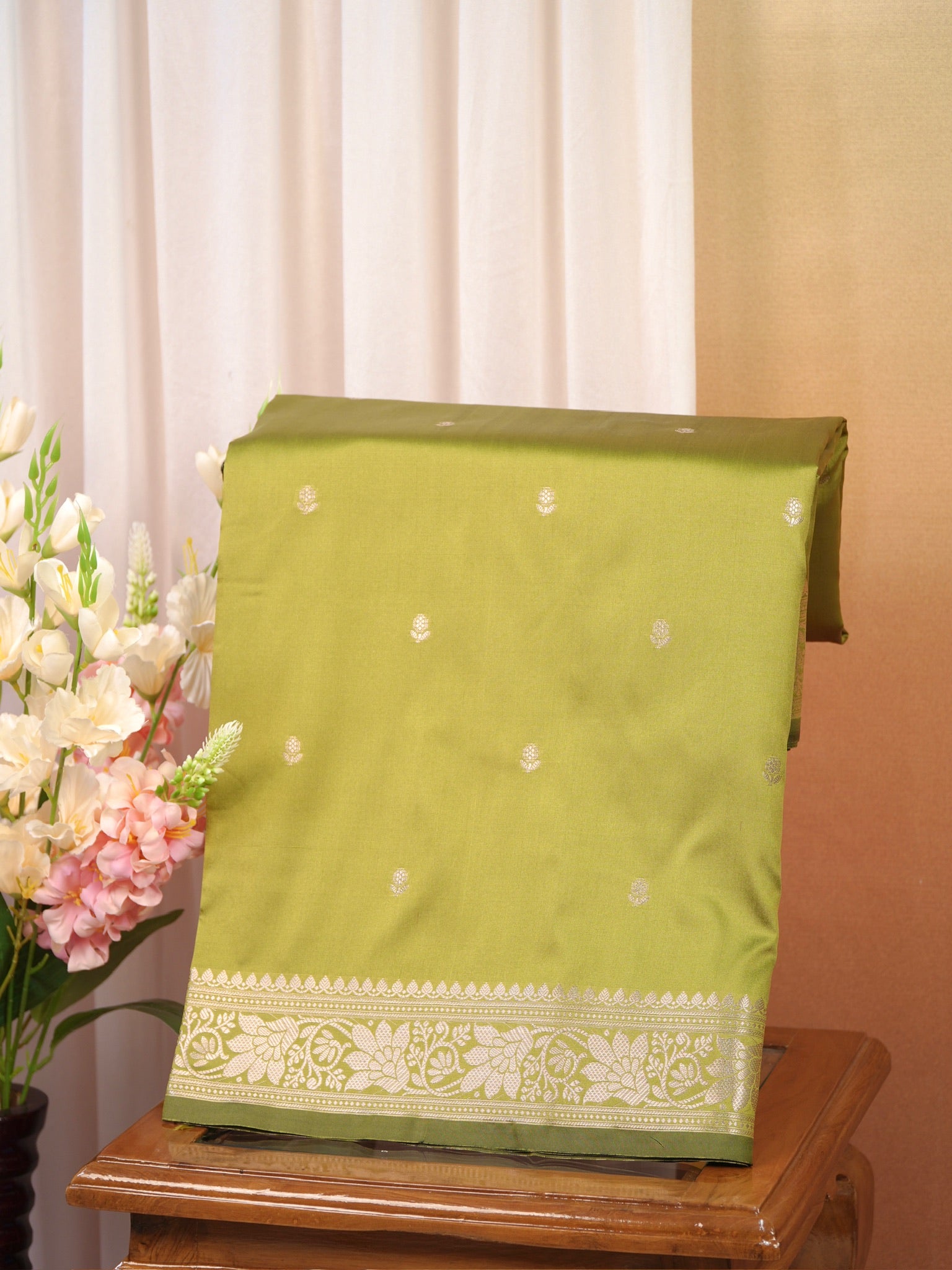 Pistachio Green Banarasi Semi Soft Katan Silk Saree with Silver Zari