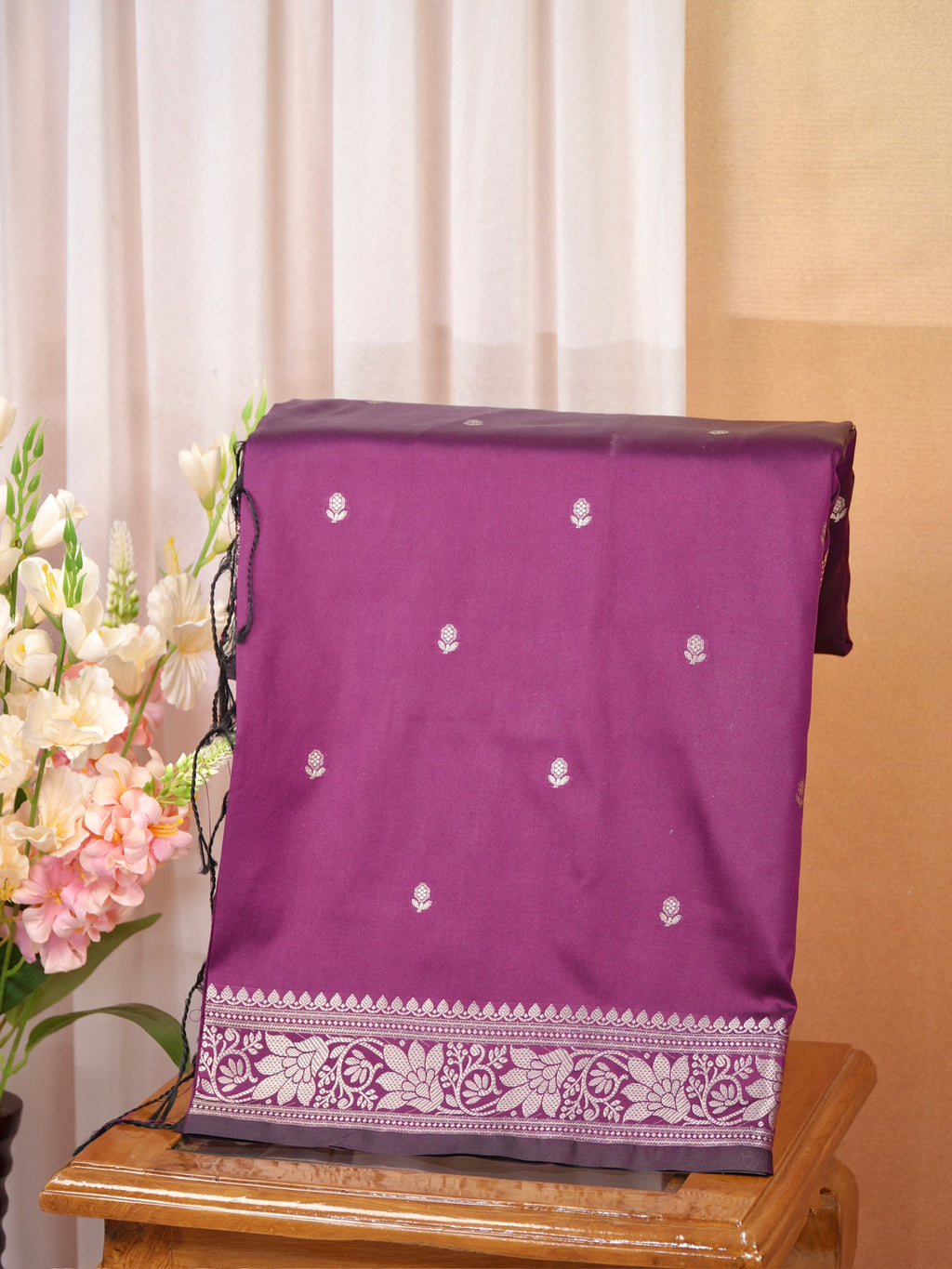 Magenta Purple Banarasi Semi Soft Katan Silk Saree with Silver Zari