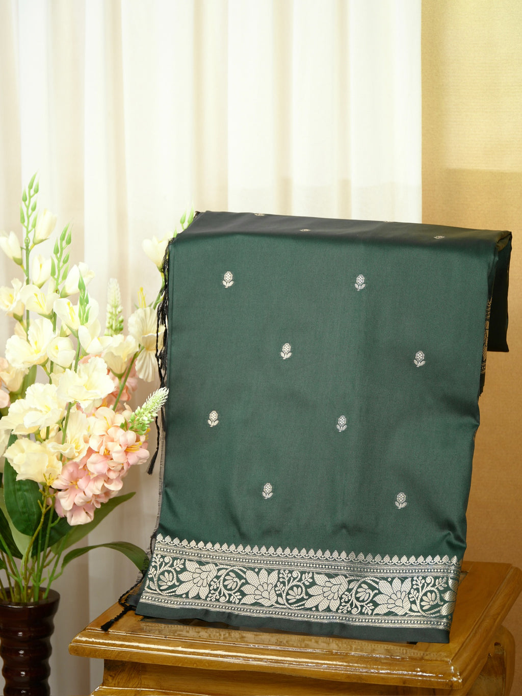 Bottle Green Banarasi Semi Soft Katan Silk Saree with Silver Zari