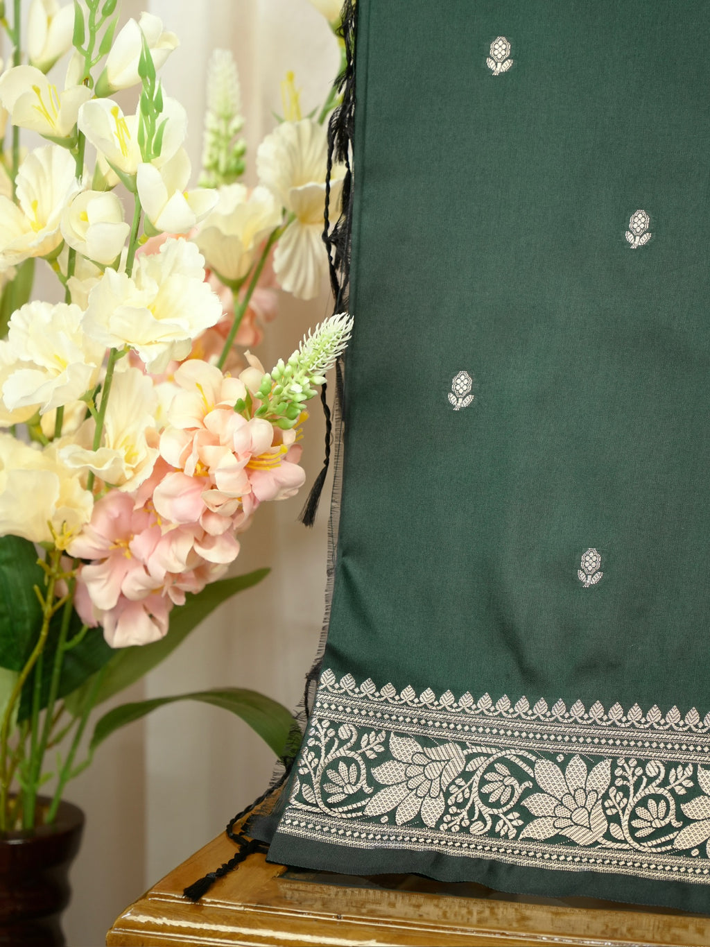 Bottle Green Banarasi Semi Soft Katan Silk Saree with Silver Zari