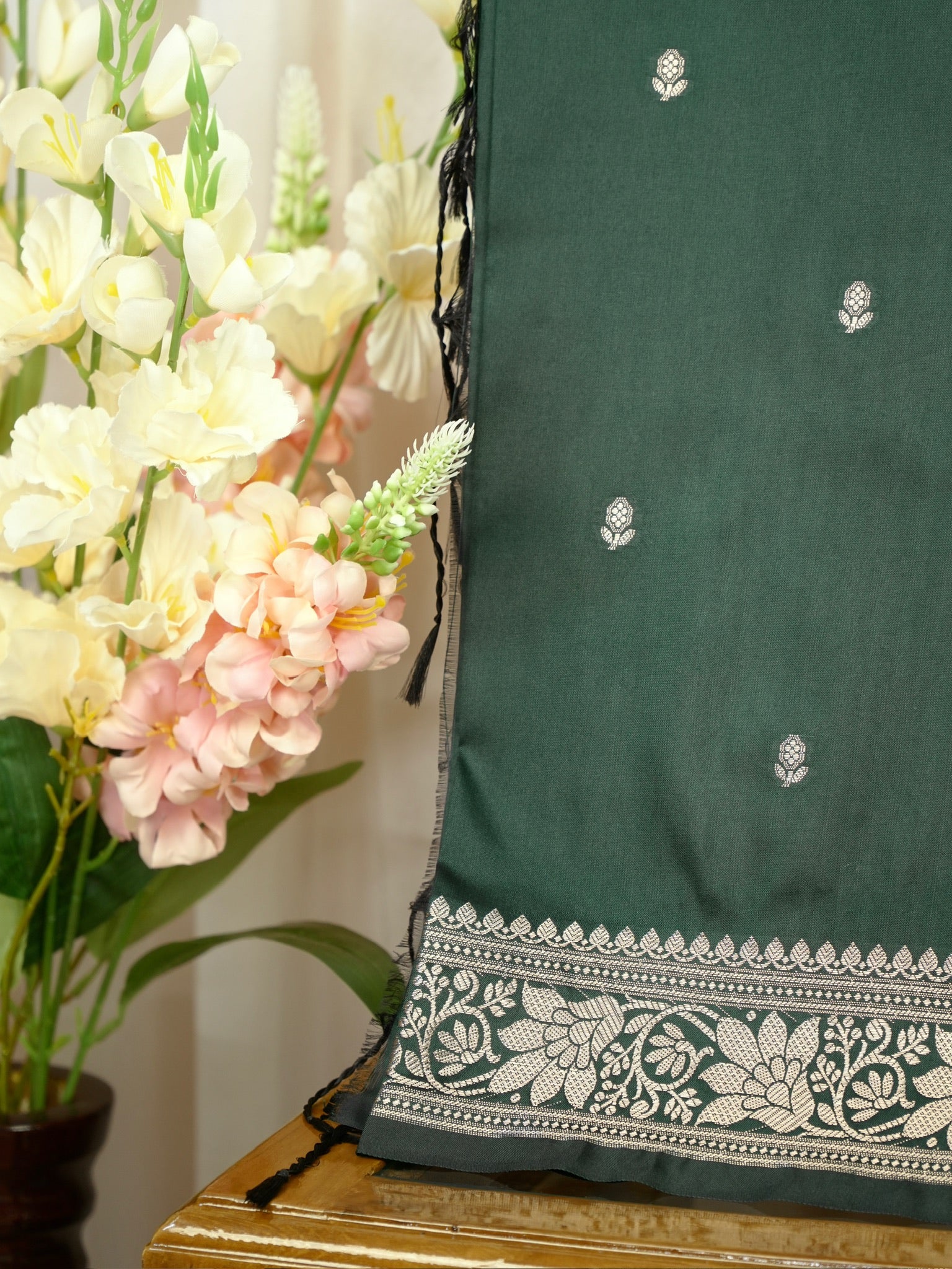 Bottle Green Banarasi Semi Soft Katan Silk Saree with Silver Zari